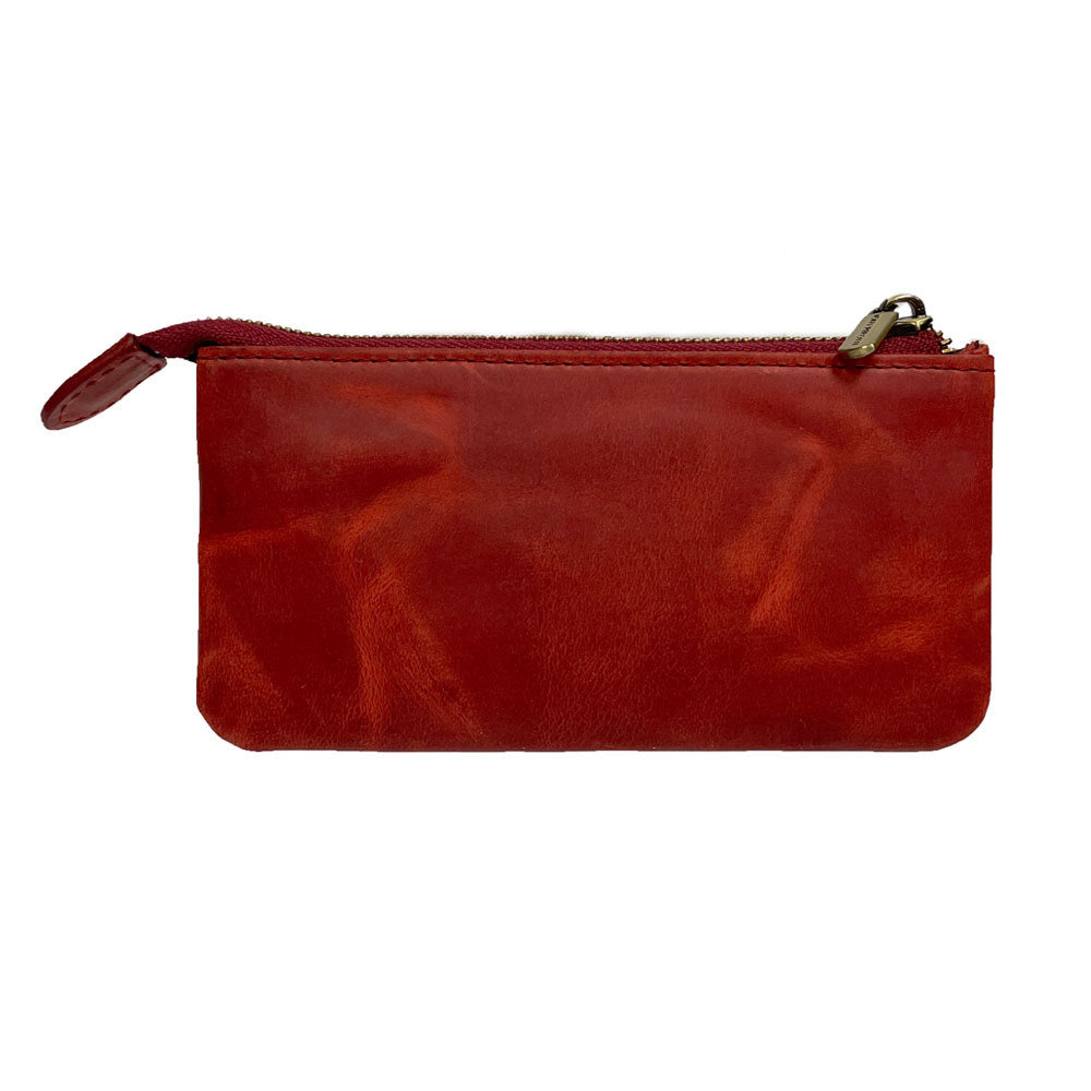 Back of the red Arno 3350 key case — plain vintage-look cowhide with the branded metal zip puller