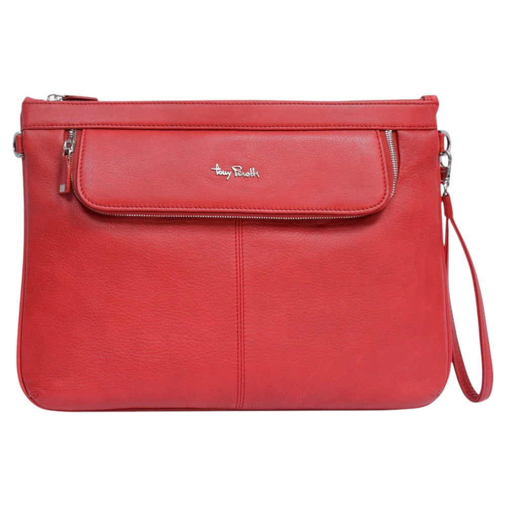 Red leather zip portfolio Tony Perotti Contatto 9708 rosso — front with the silver-tone metal Tony Perotti script and the three-sided zip pocket