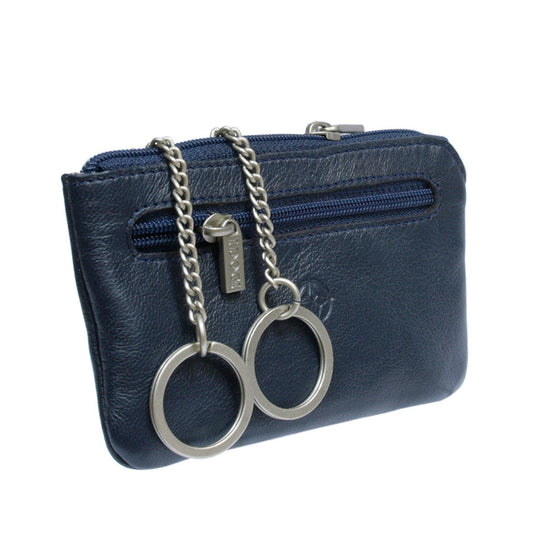 Navy leather key pouch at an angle with two key rings on chains — Tony Perotti Cortina 5002 navy
