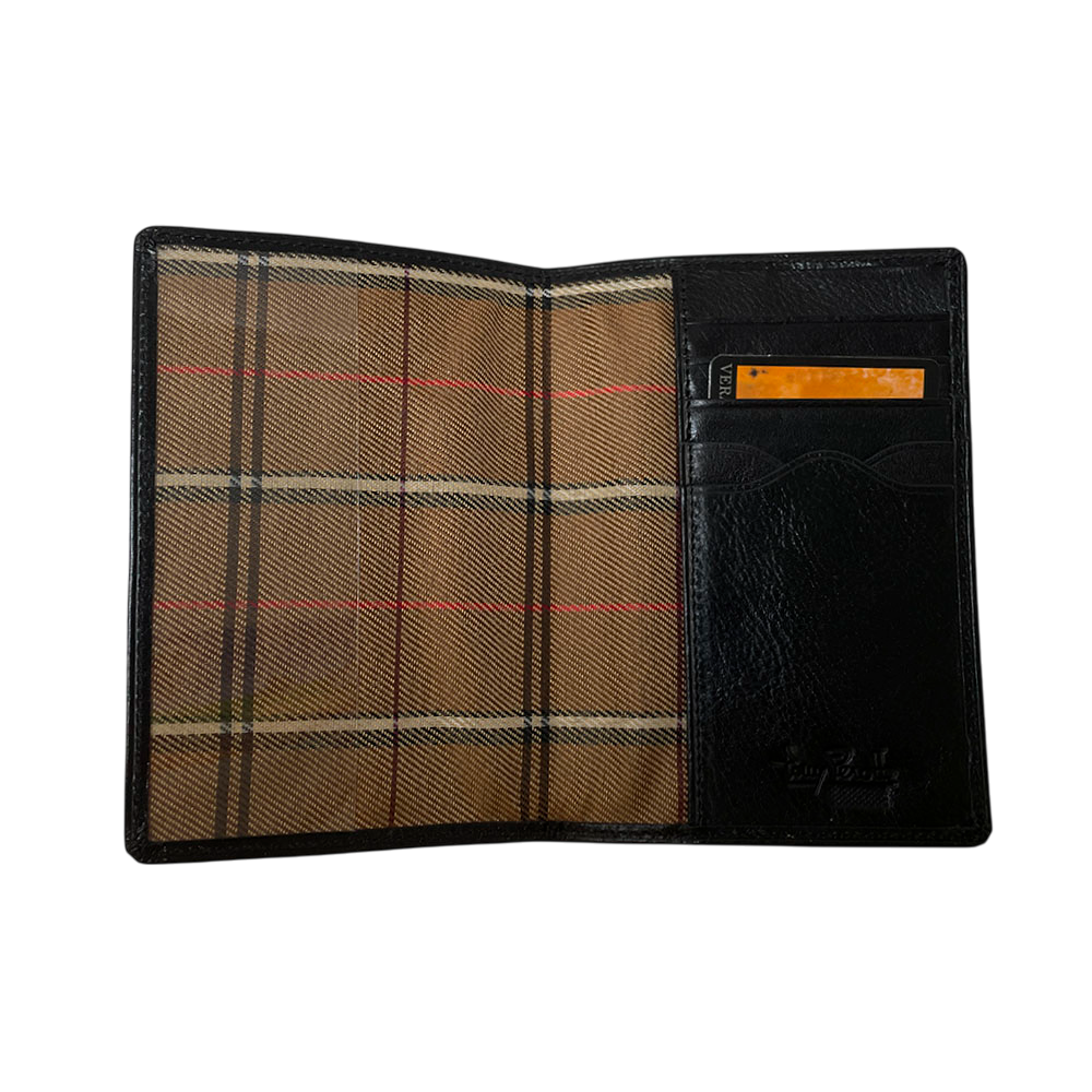 Black passport cover Tony Perotti Italico 3614 nero opened flat — transparent pocket on the left, three card slots and a larger pocket on the right