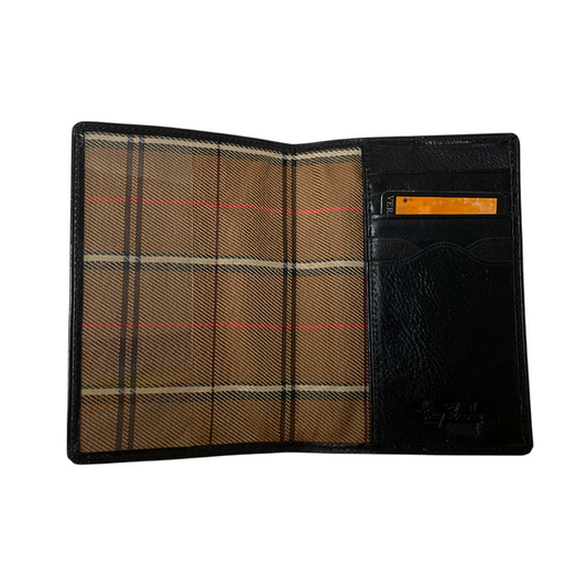 Black passport cover Tony Perotti Italico 3614 nero opened flat — transparent pocket on the left, three card slots and a larger pocket on the right
