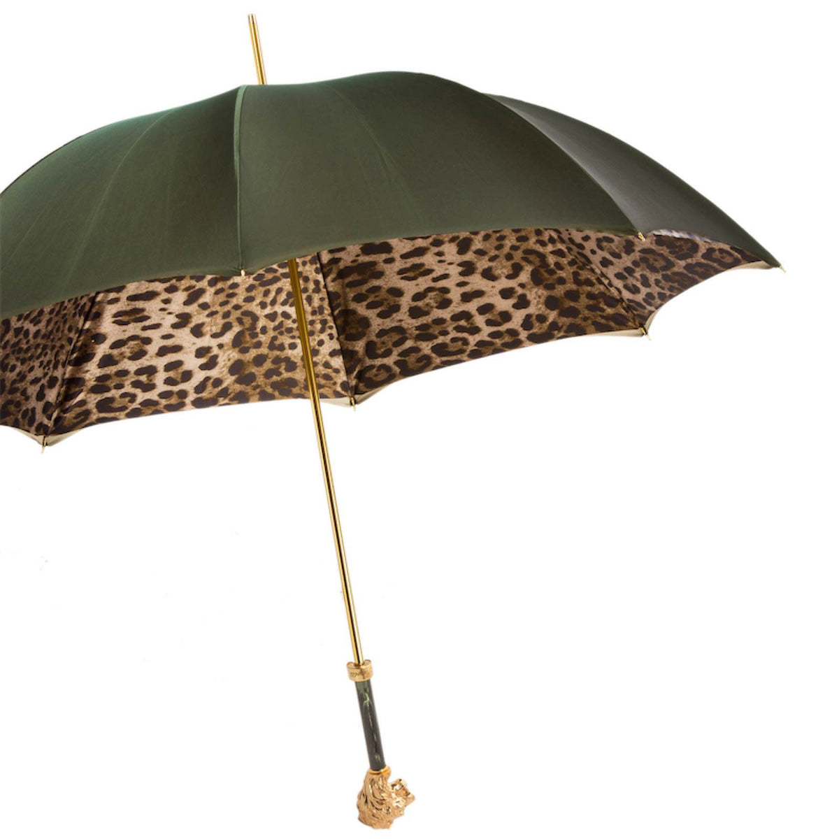 Open umbrella from the side with leopard print inside and gold-tone lion handle