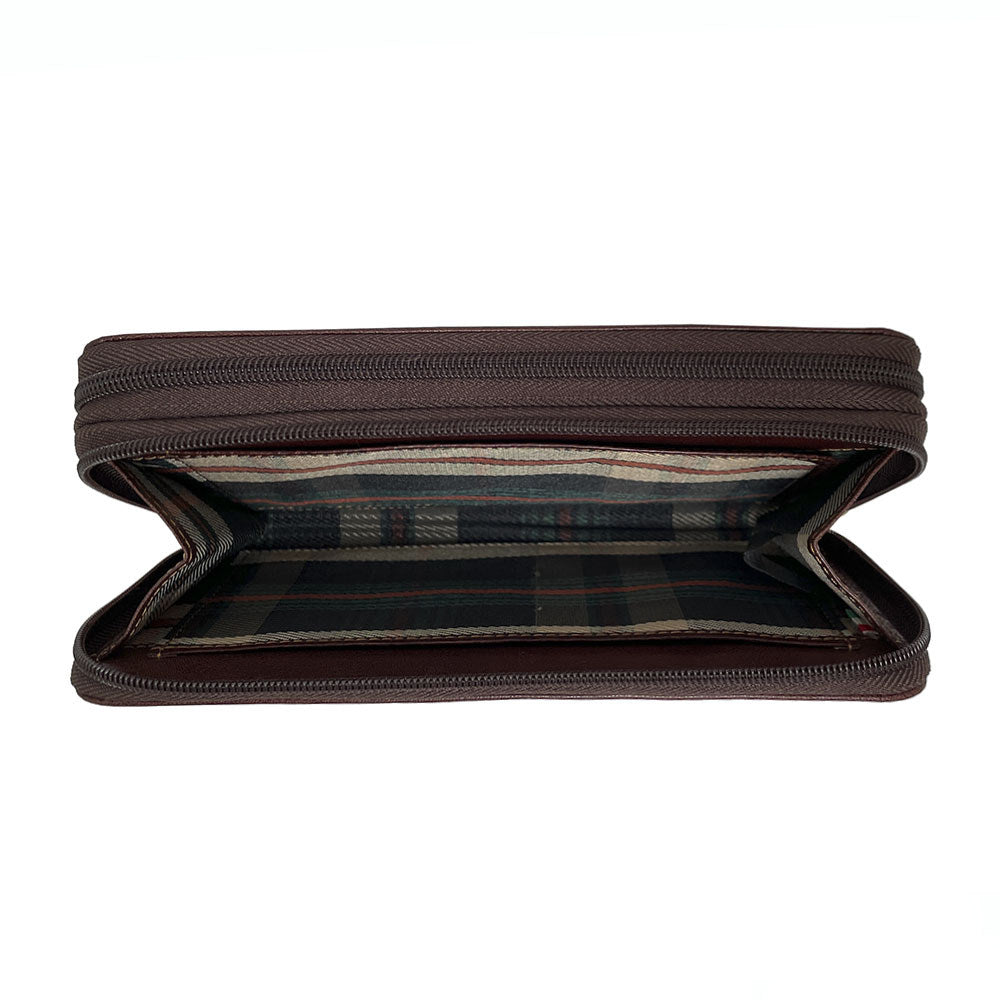 Top view of the open dark brown Italico 3668 — branded checked lining across both compartments