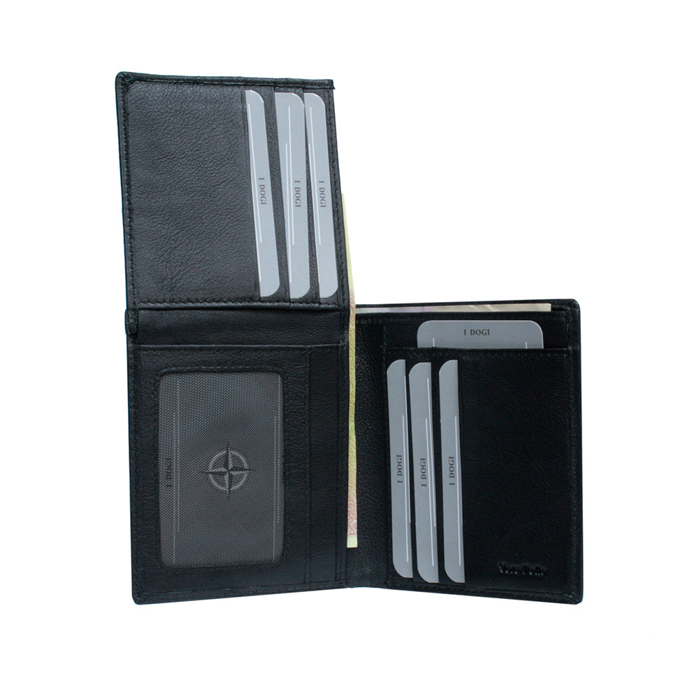 Open black leather bifold wallet with many card slots and ID windows — Tony Perotti Cortina 5079