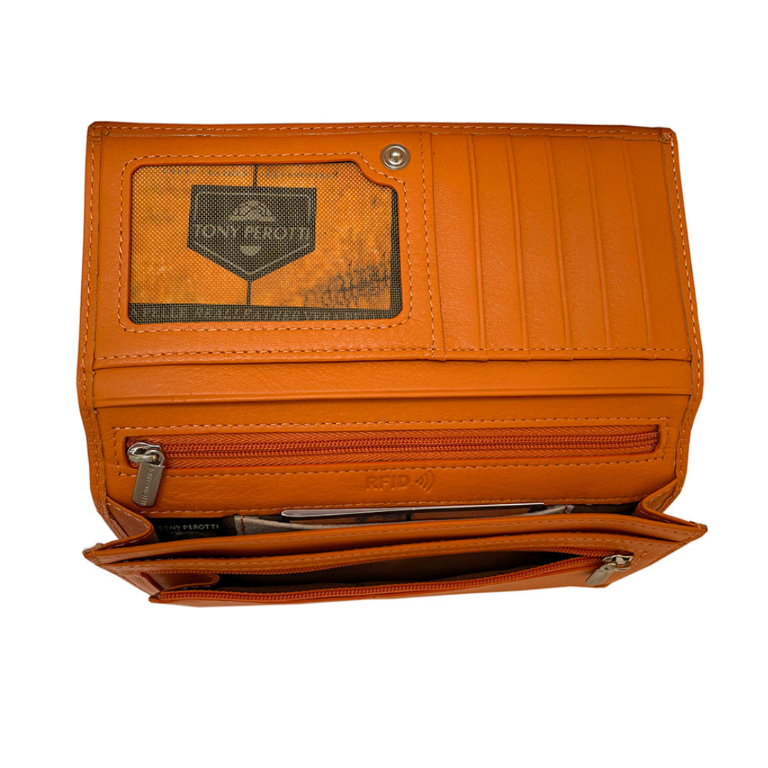 Open Tony Perotti orange RFID flap wallet with bill compartments and accordion sides