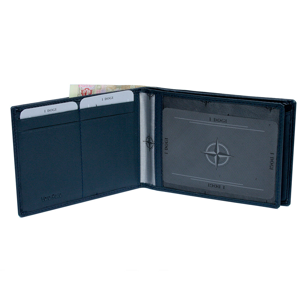 Open navy leather bifold wallet with card slots and snap coin pocket — Tony Perotti Cortina 5085