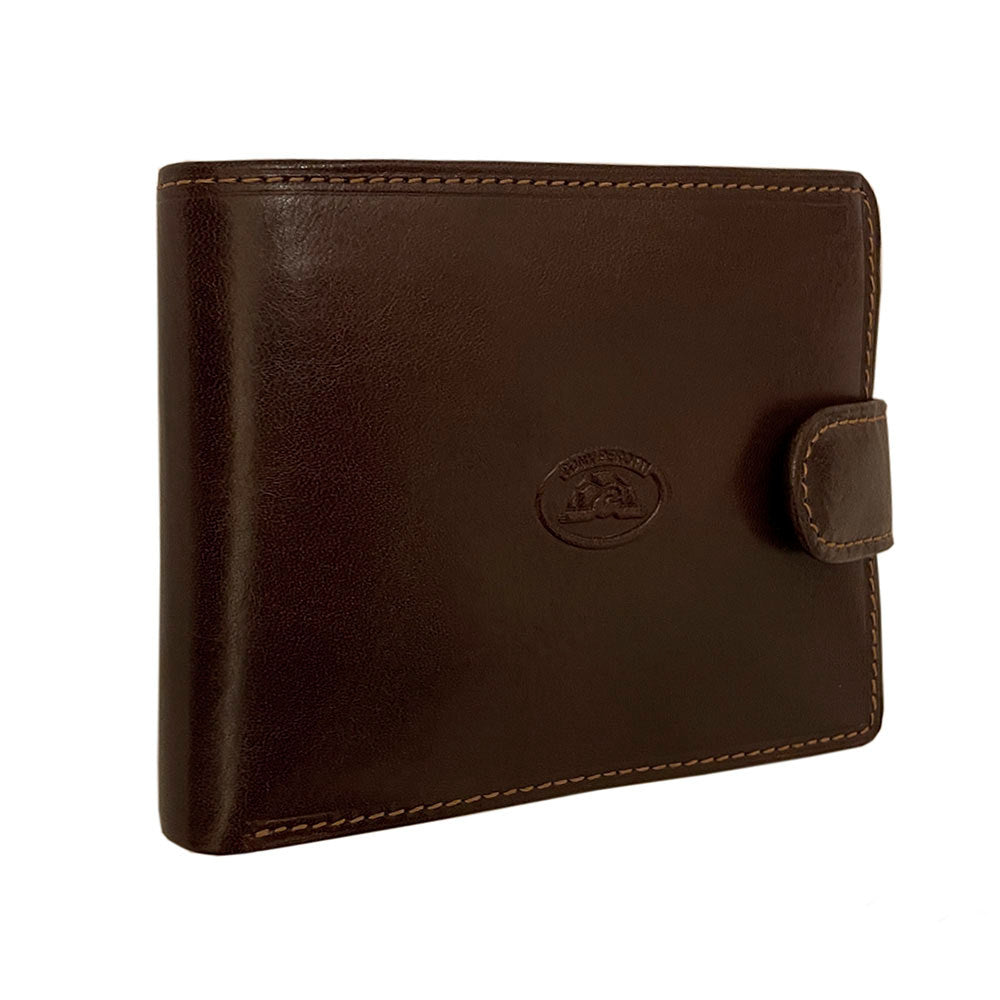 Dark brown leather bifold wallet snap-strap closure — Tony Perotti Italico 396A-Q