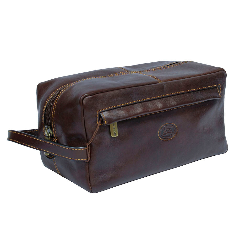 Brown leather toiletry bag wrap-around top zip — Tony Perotti Italico 8146