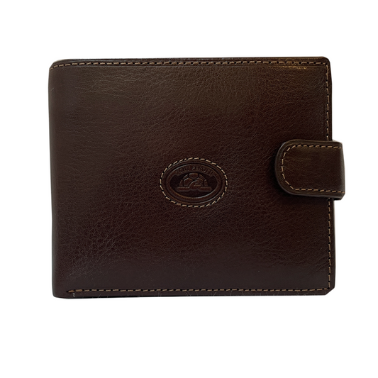 Dark brown leather bifold wallet Tony Perotti Italico 3341A-Q moro with snap tab and embossed turtle emblem