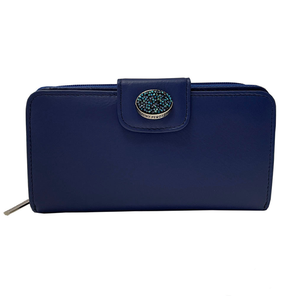 Tony Perotti Swarovski 1655A labelia sapphire blue leather wallet with crystal medallion strap — handcrafted in Italy