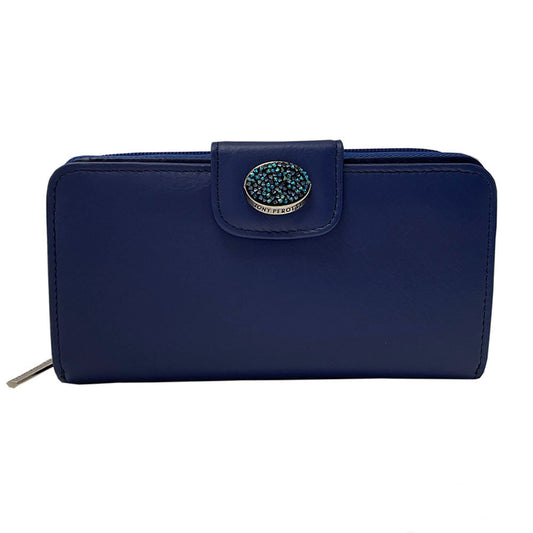 Tony Perotti Swarovski 1655A labelia sapphire blue leather wallet with crystal medallion strap — handcrafted in Italy
