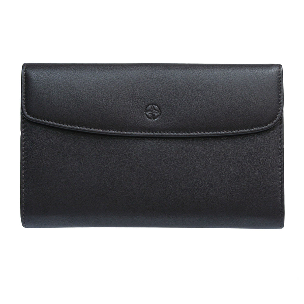 Dark brown Tony Perotti Cortina 5073 wallet seen straight on with the envelope flap closed over the body
