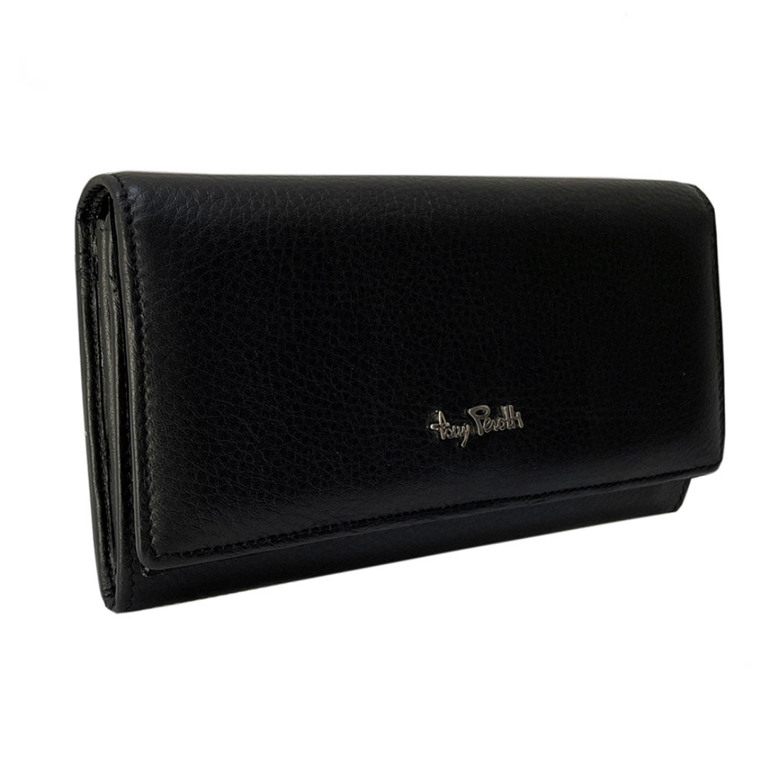 Tony Perotti black leather flap wallet — angled closed front view