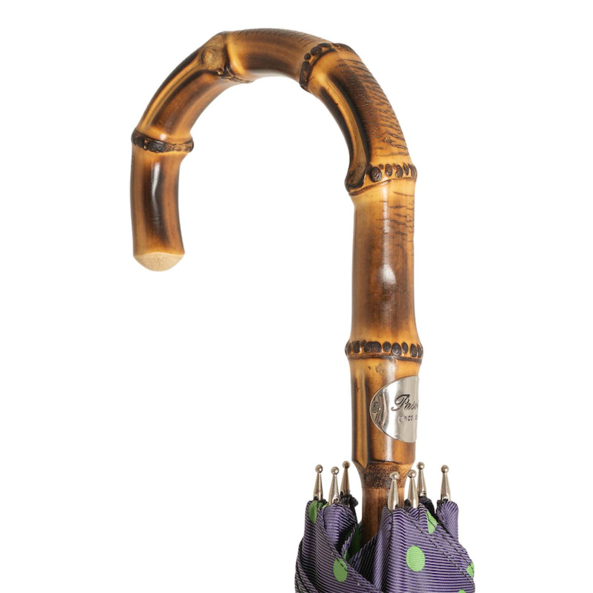 Bamboo crook handle with natural nodes and silver-tone Pasotti plaque