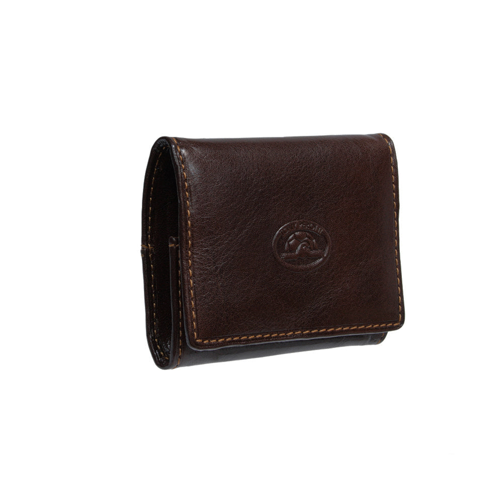 Dark brown leather coin pouch closed, angled side view — Tony Perotti Italico 1445L moro