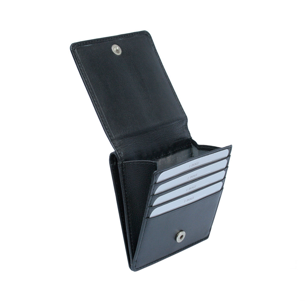 Tony Perotti Cortina 5064 nero seen at an angle with the flap raised, cards in the slots of the card block