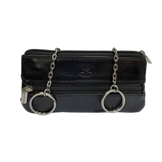 Black leather key case front view with two key rings on chains — Tony Perotti Italico 2686 nero