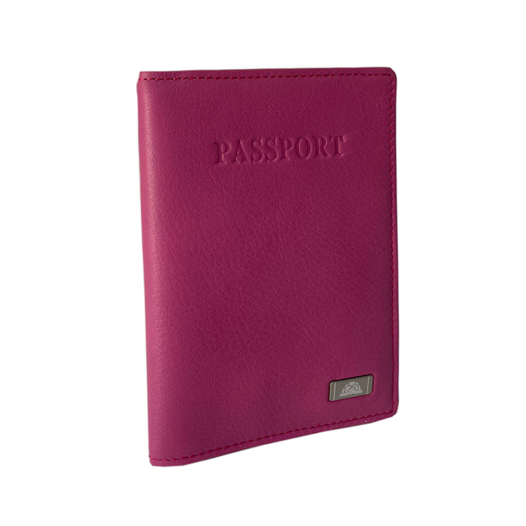 Angled view of the fuchsia pink Tony Perotti Contatto 2241 dalia passport cover showing the fine pebbled grain and the silver-tone logo plate
