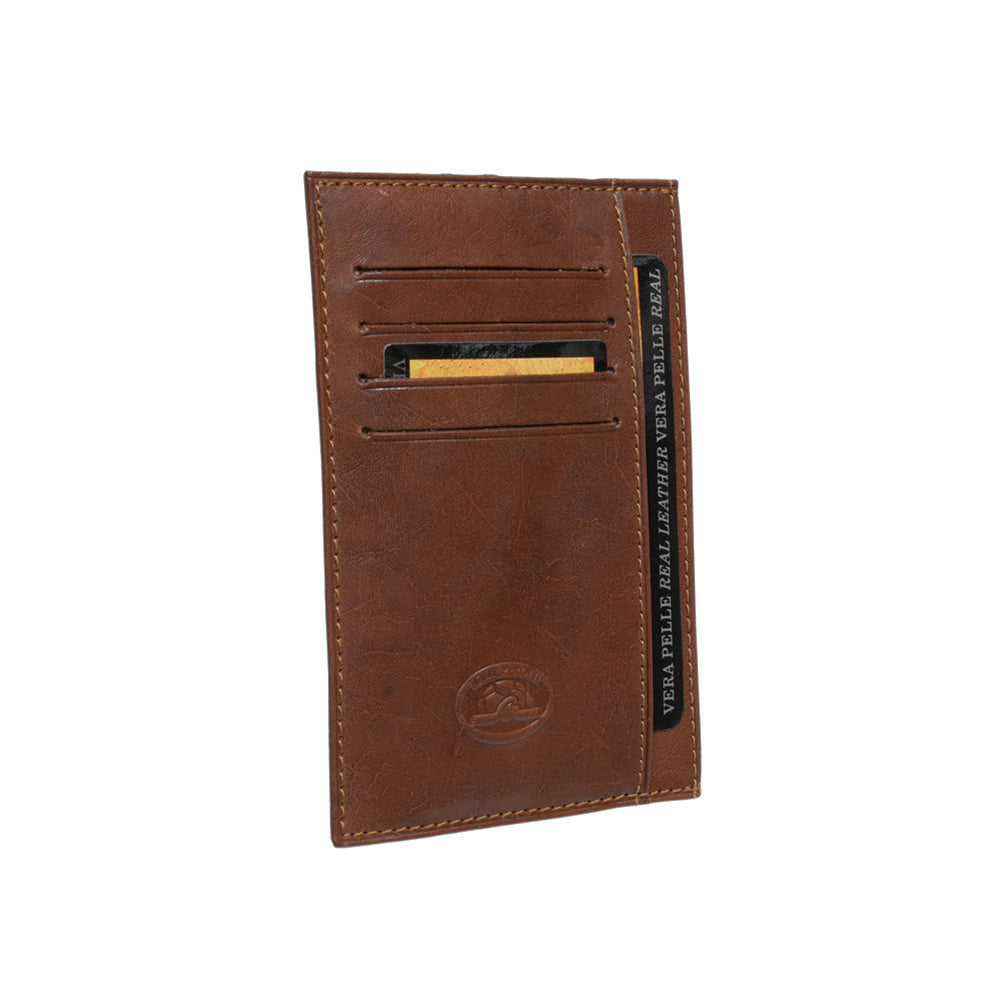 Cognac leather card holder card slots with card inserted — Tony Perotti Italico 1203 cognac