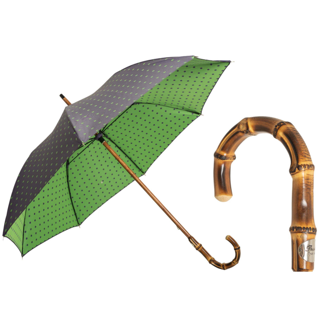 Pasotti men's purple polka dot umbrella with bamboo handle, open, with a close-up of the handle — 142 Lolita-5 B