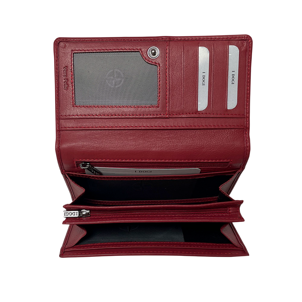 Tony Perotti Cortina 5008 rosso opened wide — the document window and card slots above, the zipped pocket and the accordion compartments below