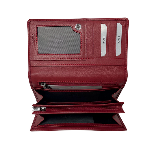 Tony Perotti Cortina 5008 rosso opened wide — the document window and card slots above, the zipped pocket and the accordion compartments below