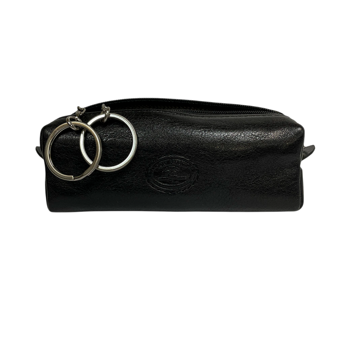 Tony Perotti black bull leather zip key pouch with two key rings on chains — Italico 3297 nero