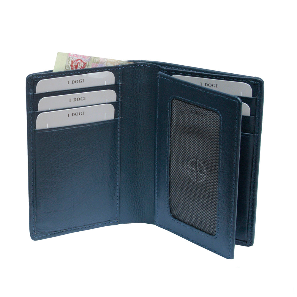 Navy Cortina 5065 card wallet open showing card slots, ID window and banknote section