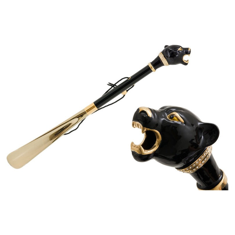 Pasotti black panther head shoehorn, full view with a close-up of the enameled panther head — CS K1NE
