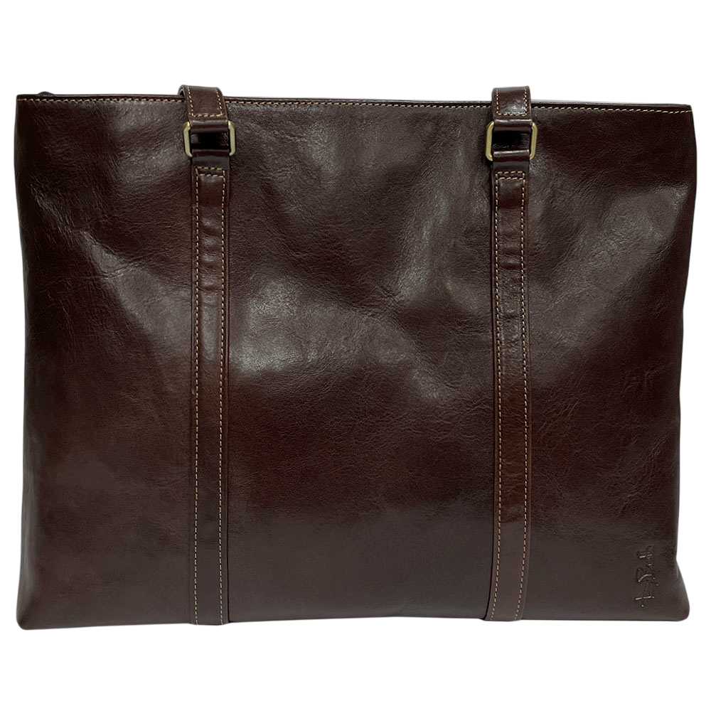 Tony Perotti Italico 8225 moro dark brown leather tote — back panel with the embossed Tony Perotti signature and the antique brass handle buckles