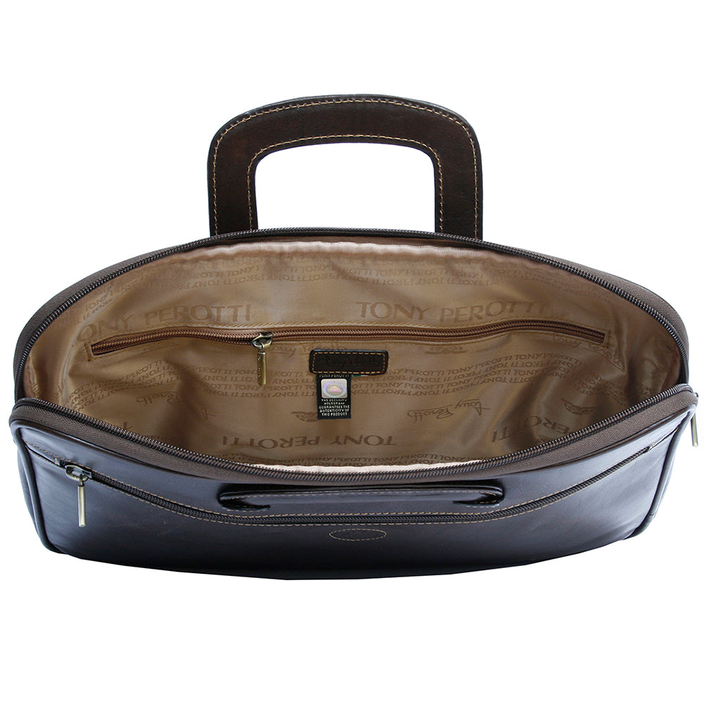 Dark brown Italico 8090 opened — branded Tony Perotti lining, inner zip pocket and hologram tag of authenticity