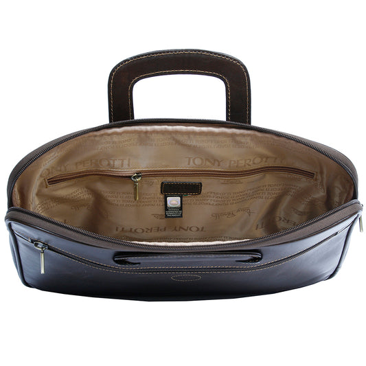 Dark brown Italico 8090 opened — branded Tony Perotti lining, inner zip pocket and hologram tag of authenticity