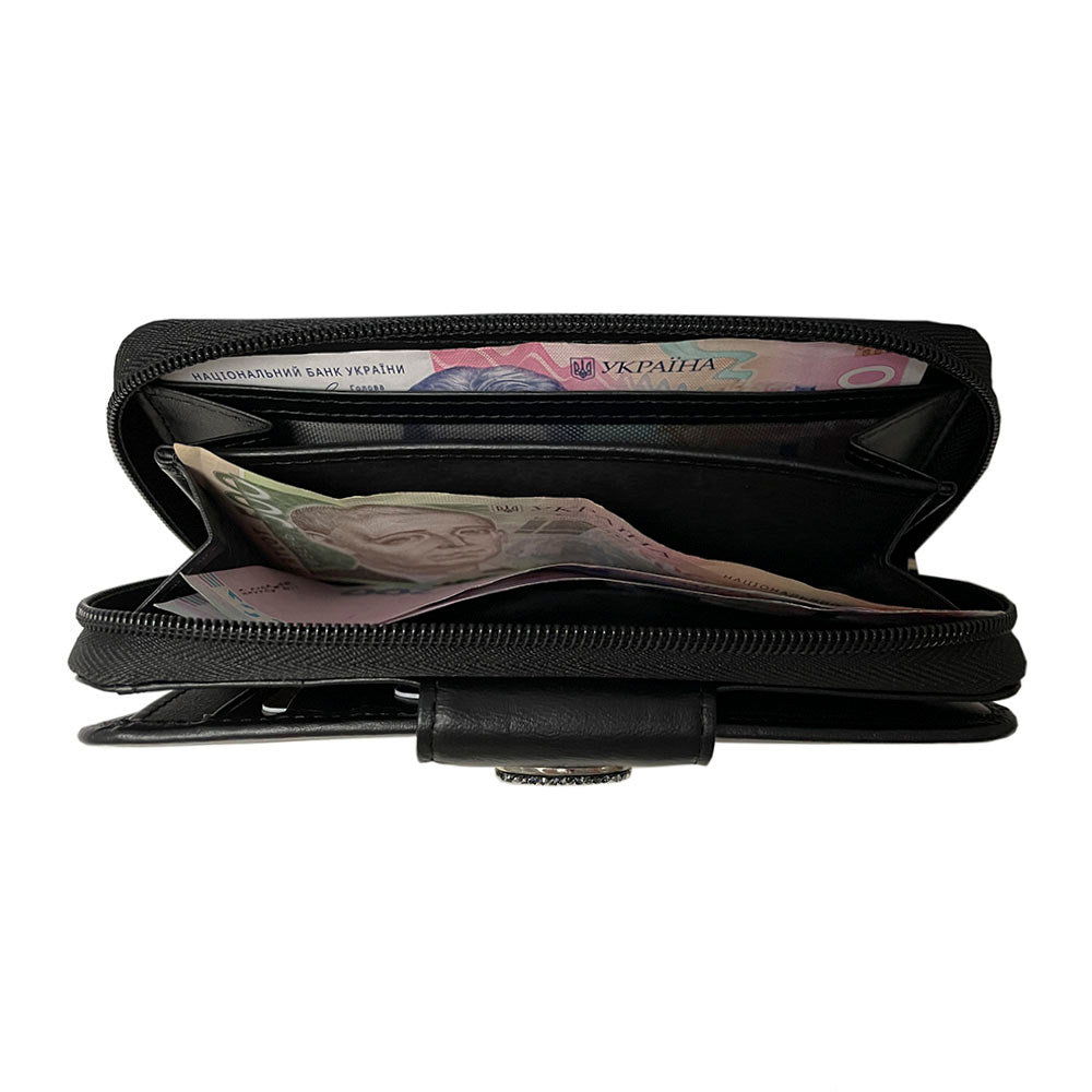 Zip-around bill section of the black Swarovski 1655A wallet with unfolded banknotes