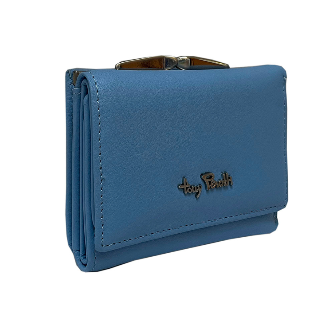 Tony Perotti Contatto 1527D baby light blue leather wallet — angled front view