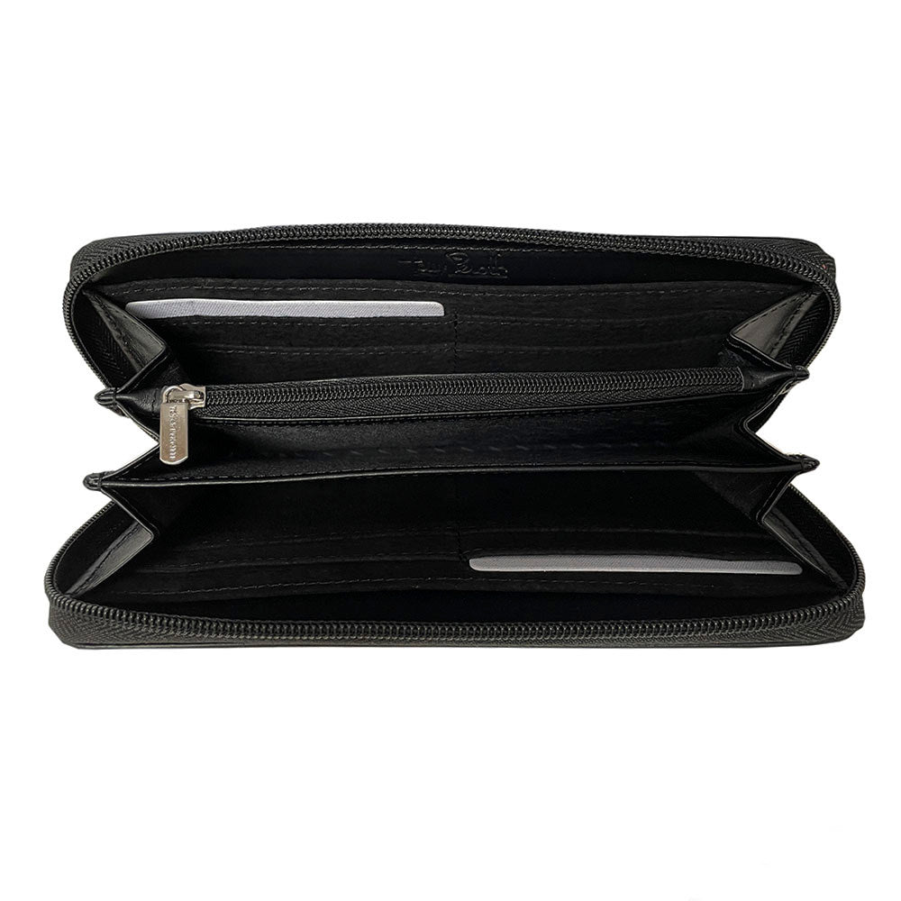 Interior of the black Swarovski 3160 wallet with banknotes lying flat