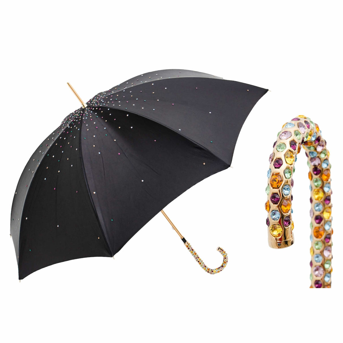 Pasotti women's black umbrella with multicolour crystals scattered over the canopy and a crystal-set handle, open, with a close-up of the handle — 184 Plat-34 K94