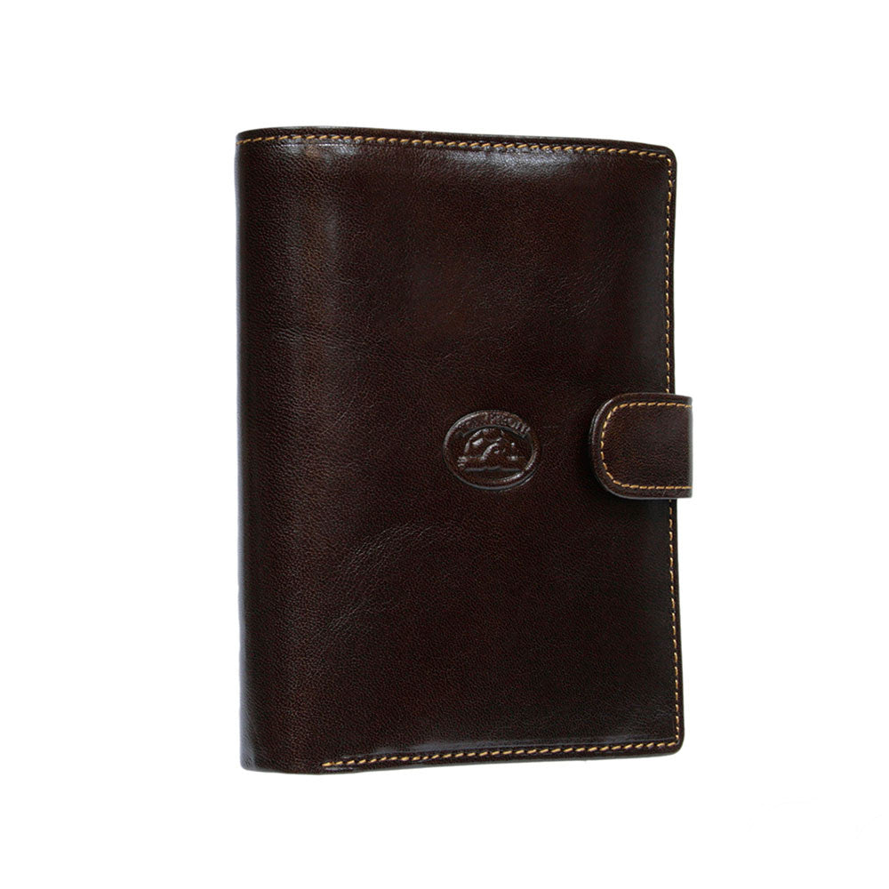 Angled view of the dark brown Tony Perotti Italico 2242 moro passport wallet showing the emblem and contrasting tan stitching