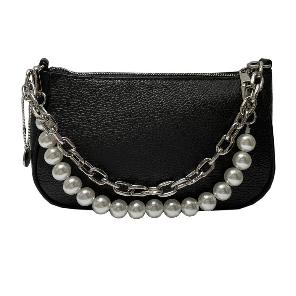 Tony Perotti Borsa CA045-02BK nero black leather handbag straight on — pearl handle and metal chain worn together