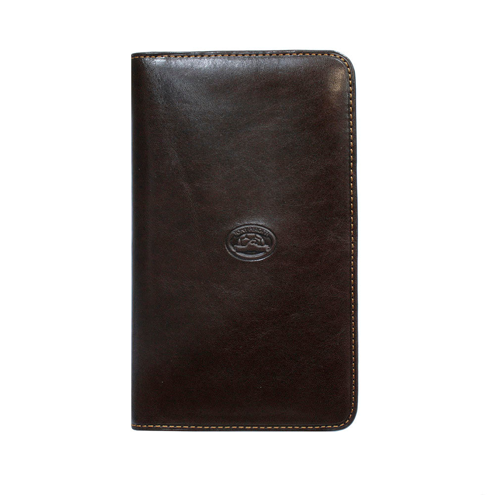 Tony Perotti Scrittoio 1308 moro — the dark brown leather desk card holder closed, with the oval embossed turtle on the front