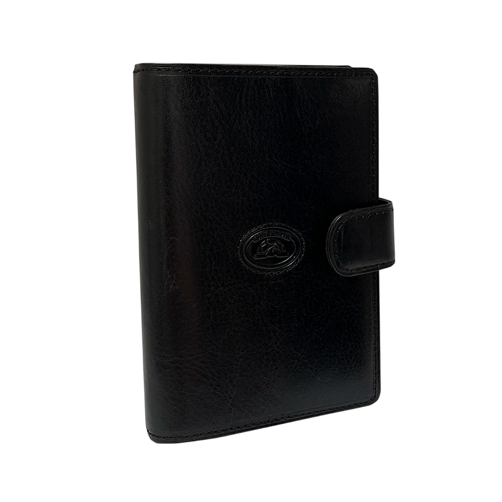 Angled view of the black glossy Tony Perotti Italico 1424A nero document holder with the tab closed