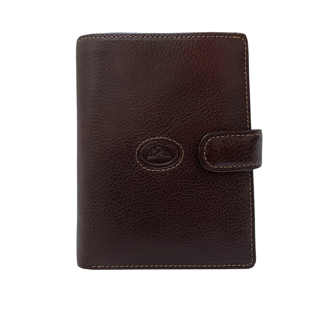 Dark Brown leather passport wallet Tony Perotti Italico 3274A moro — front with the embossed turtle emblem in a stitched ring and the closure tab