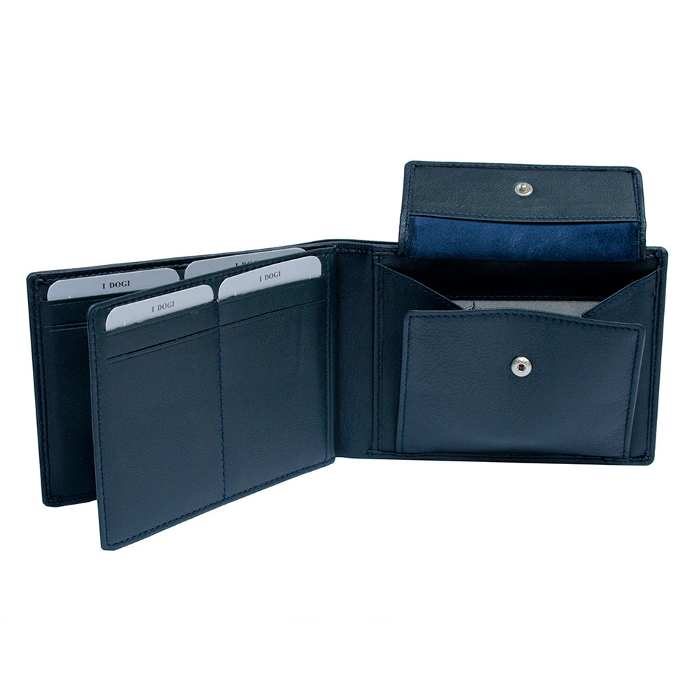 Navy leather bifold wallet card slots detail — Tony Perotti Cortina 5085