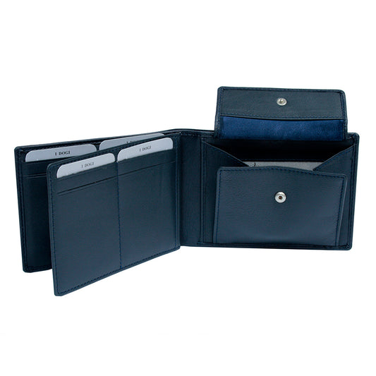 Navy leather bifold wallet card slots detail — Tony Perotti Cortina 5085