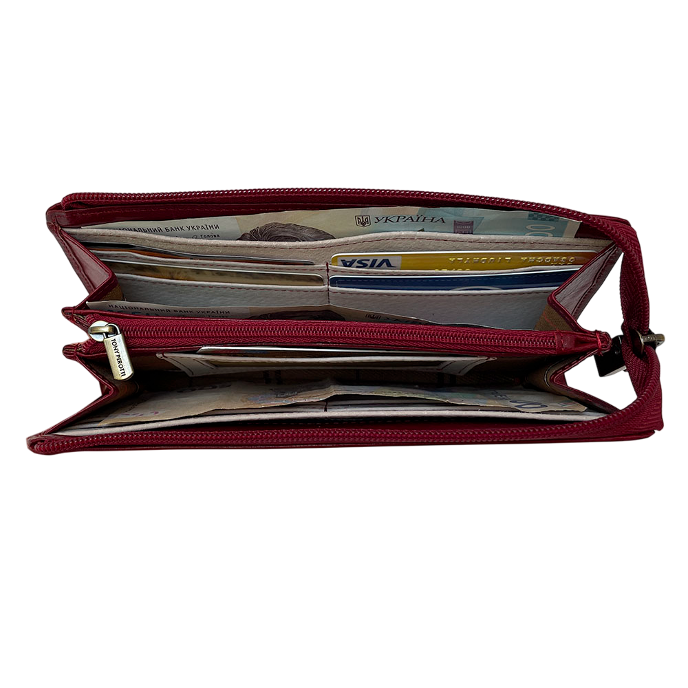 Tony Perotti Italico 2596 rosso wallet open with banknotes and zip section