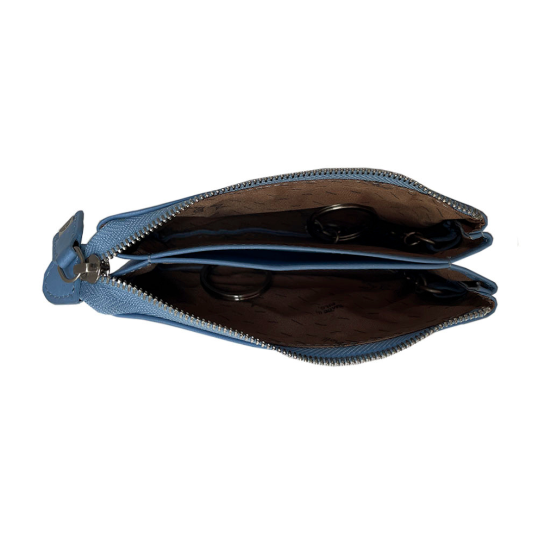 Tony Perotti Contatto 3350 baby — opened: two compartments split by a leather divider, a ring on a chain in each