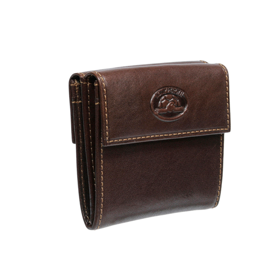 Dark brown leather coin pouch closed, angled side view — Tony Perotti Italico 1642 moro