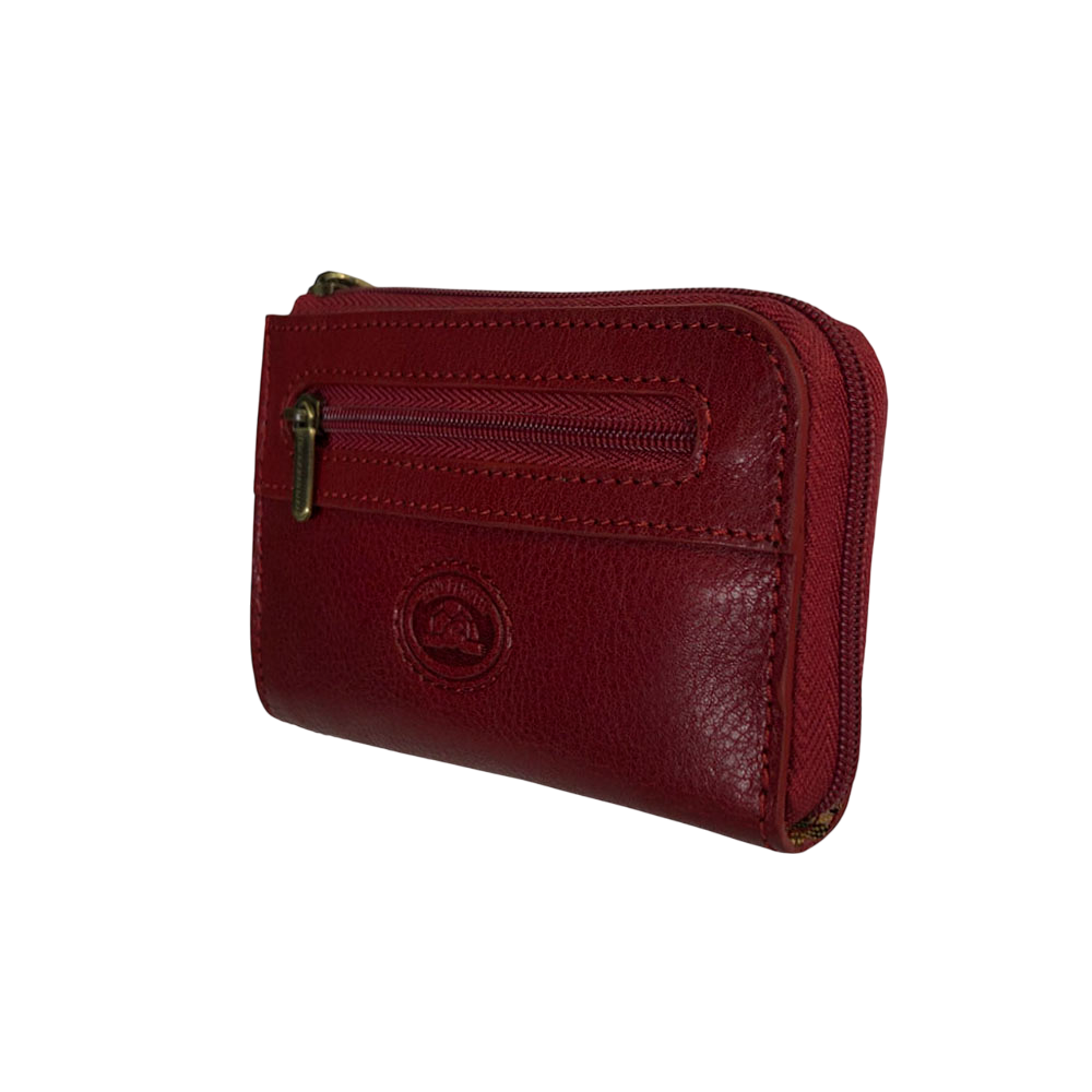 Red leather key case seen from the side, showing how the zip runs around the corner — Tony Perotti Italico 1941L rosso