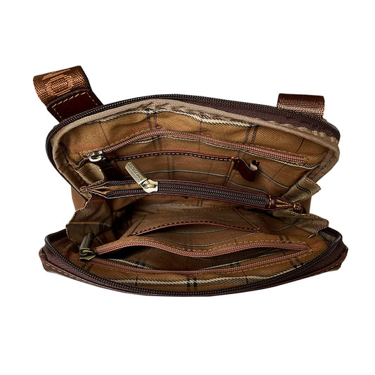 Inside the dark brown Italico 9137-20 — checked branded lining and zip partition pocket dividing two sections