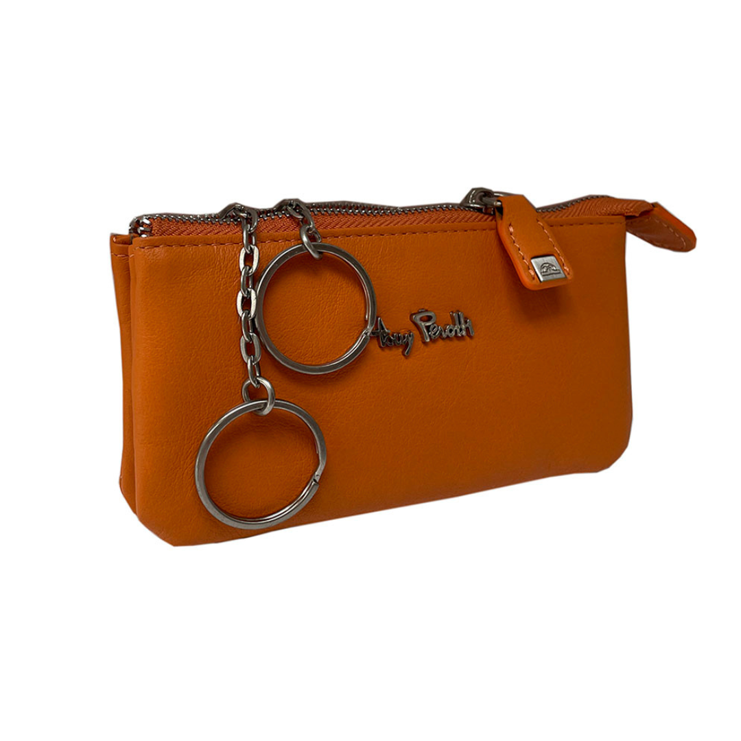 Tony Perotti Contatto 3350 arancio — the pouch at an angle, showing the zip and the leather tab with the turtle plaque