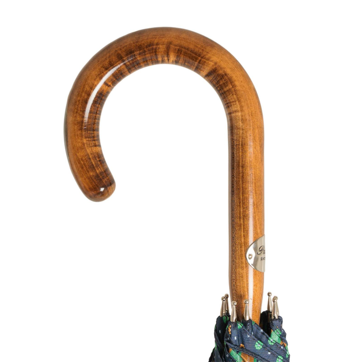 Maple crook handle with flame-like grain and silver-tone Pasotti plaque, handcrafted in Italy